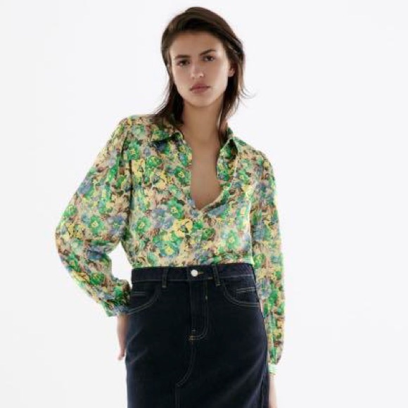 Zara Green Print Floral Buttoned Blouse Size XS - Picture 2 of 5